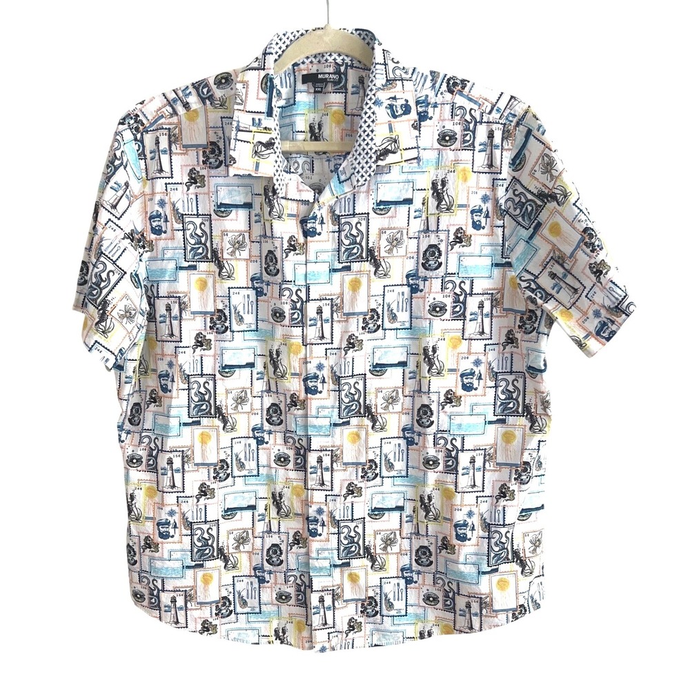 Murano Mens Shirt XXL Slim Fit Nautical Sea Stamp Cotton White rt - Picture 2 of 12
